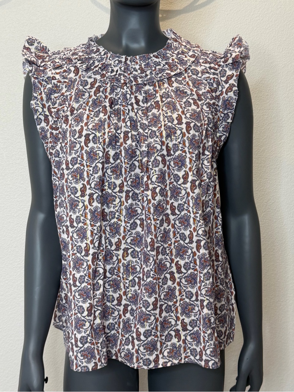 Boden Off White paisley ruffle sleeveless blouse metallic thread stripe Size 10